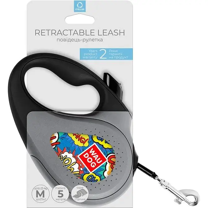 Повідець-рулетка для собак Waudog R-leash Вау, світловідбиваючий, M, до 25 кг, 5 м, чорний - фото 3
