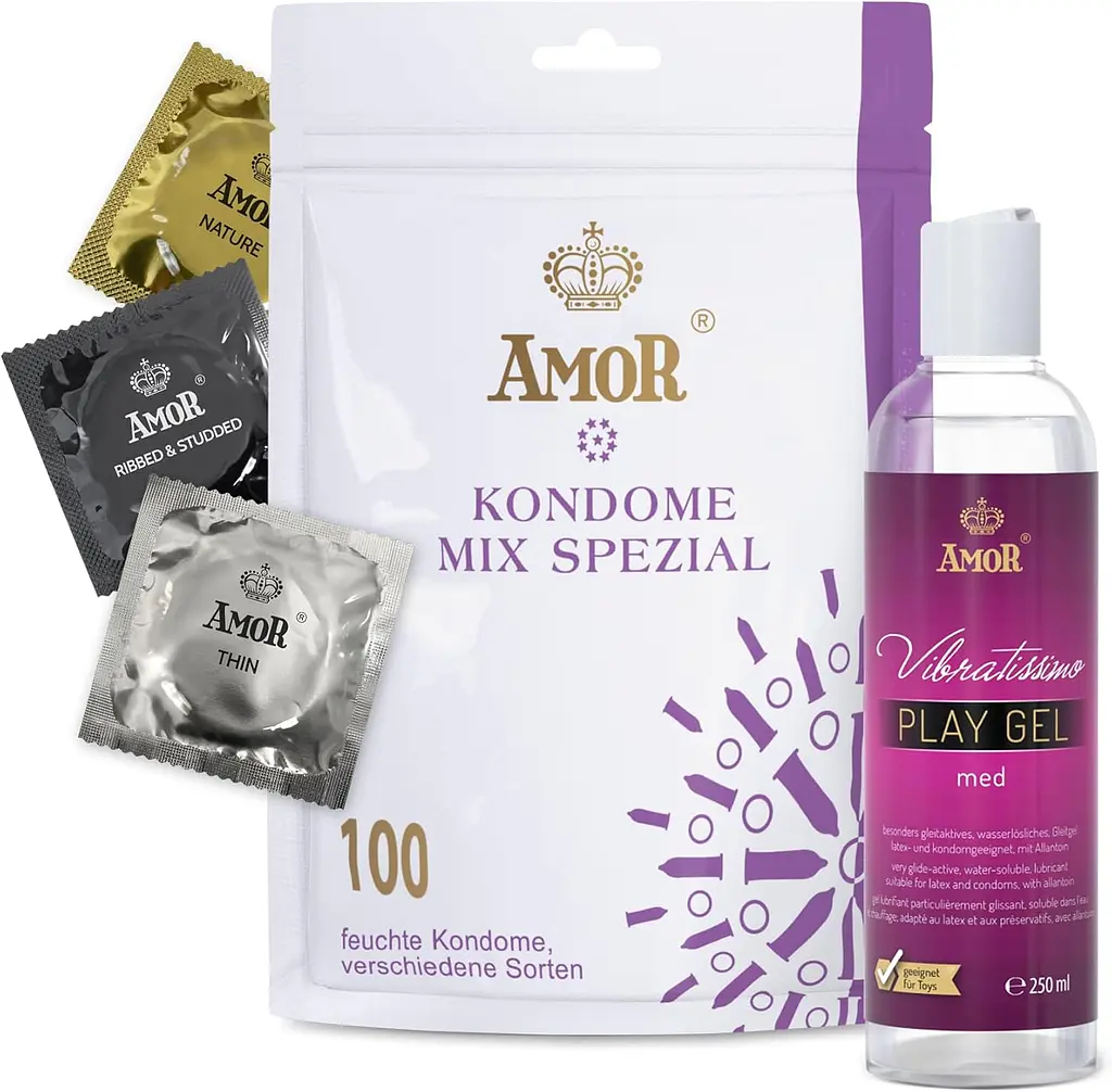 Презервативи та лубрикант - Amor Set Mix Condom, 100 шт. and Vibratissimo Play Gel Med, 250 мл - фото 2
