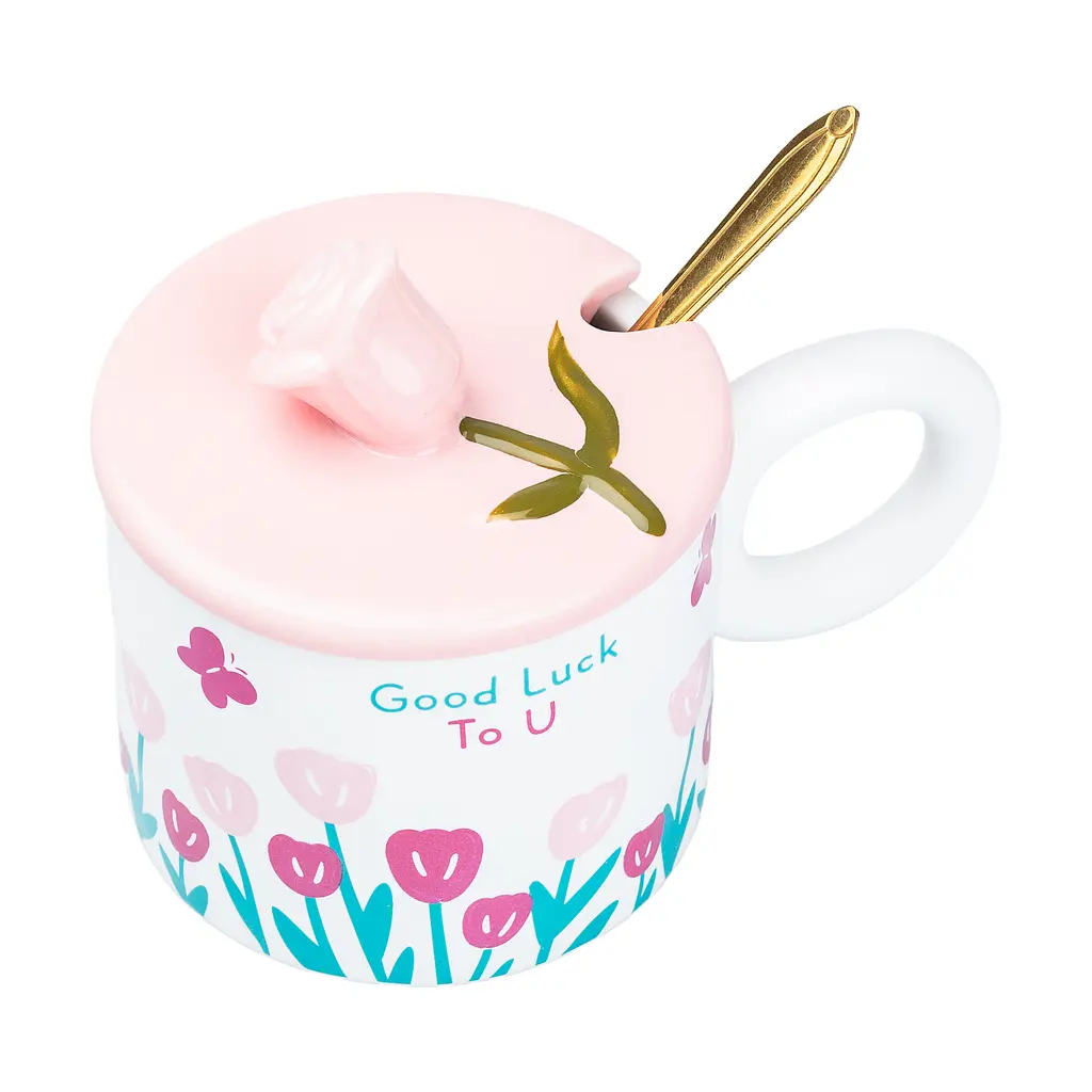 Чашка керамічна Happy Life Tulips з кришкою та ложкою блакитна 300 мл HP7190P - фото 5