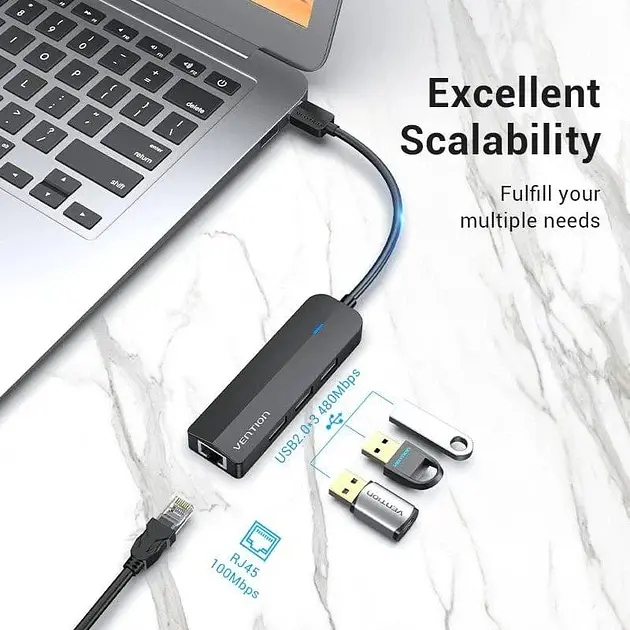 Хаб USB 2.0 -> 3хUSB 2.0/RJ45 100Mb Ethernet Vention - фото 3