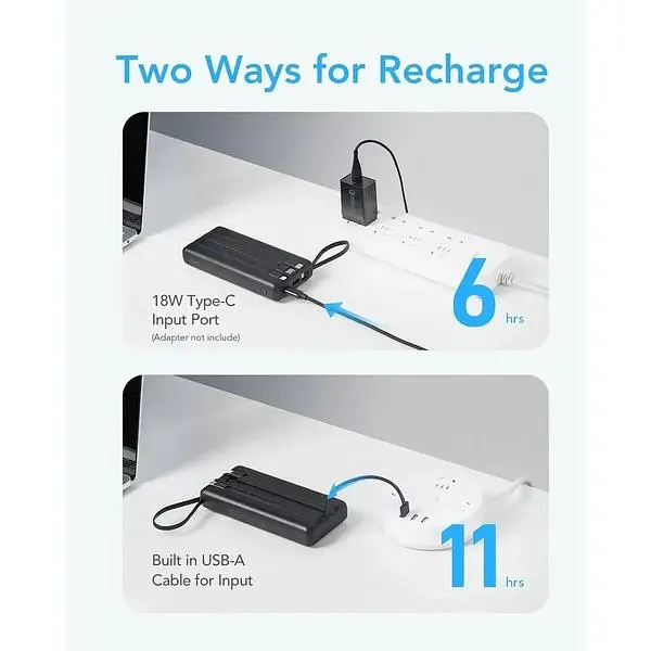 Портативное зарядное устройство Vrurc 20000 mAh быстрая зарядка со встроенными кабелями - фото 5