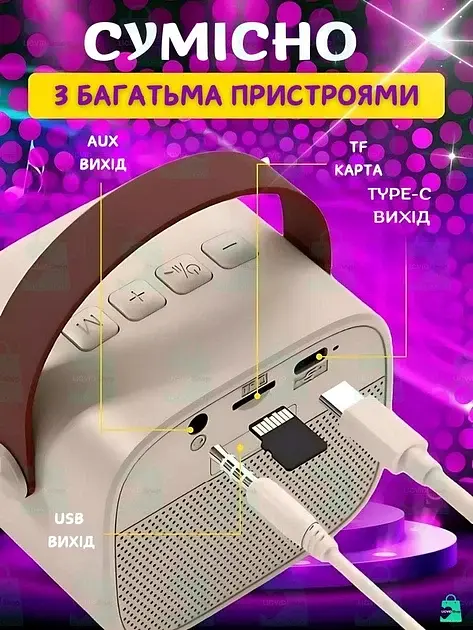 Бездротова колонка караоке з двома мікрофонами RGB підсвічування 5 режимів транслітерації 4 голоси сумісність з 3-ма пристроями - фото 8