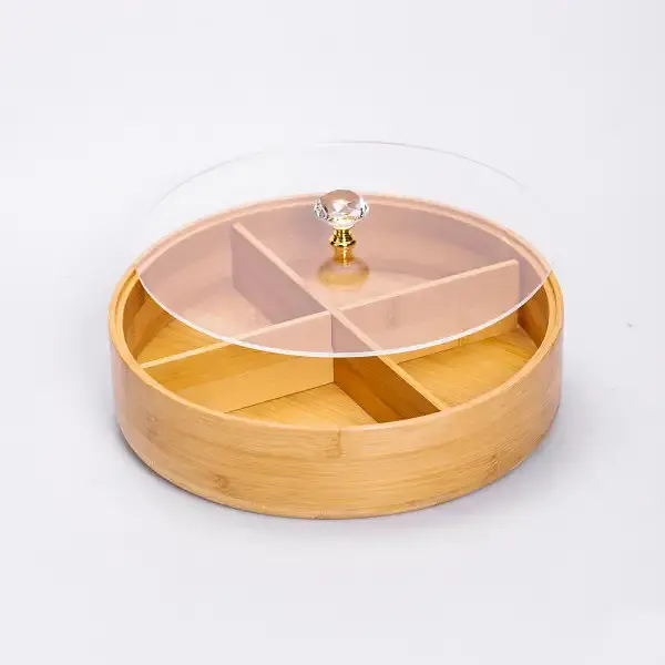 Менажниця бамбукова Yiwu HB-40-3 кругла з кришкою 25x25x8см Бежевий - фото 3