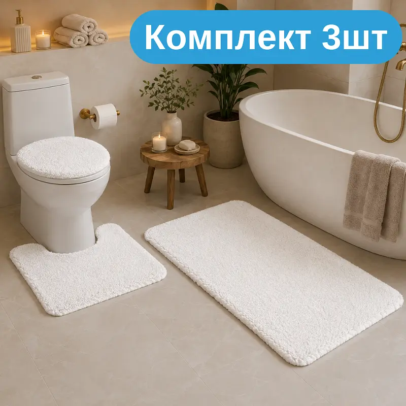 Практичний комплект м'яких килимків для ванної 3 шт., пухнасті антиковзні килимки білі KT9000606 - фото 2