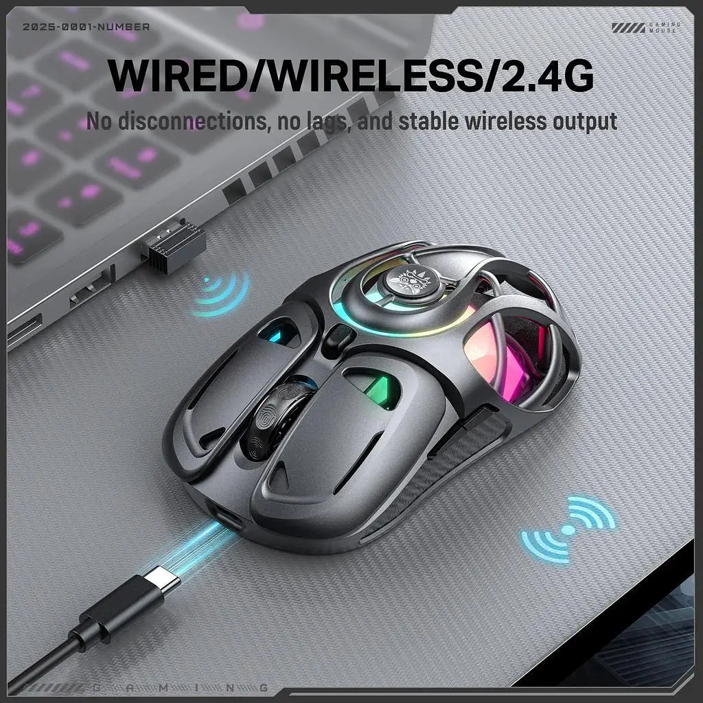 Компьютерная мышка Onikuma беспроводная игровая DM-02 Pro с 3 режимами подключения Bluetooth/2.4G/Type-C аккумуляторная RGB подсветка для ПК - фото 5