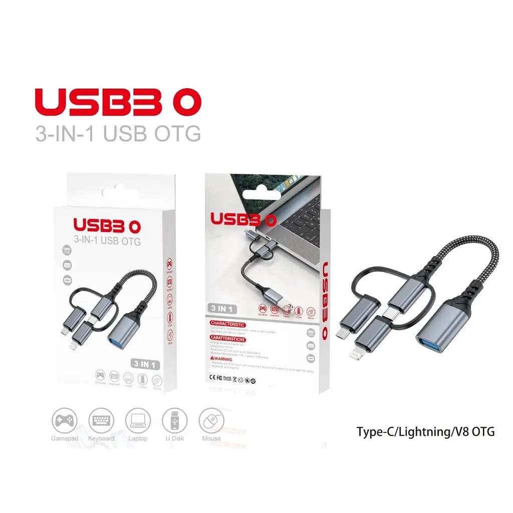Дата кабель OTG USB 3.0 AF to USB-C + Micro 5P + Lightning 0.11m 60W XoKo (XK-AC-155) - фото 5