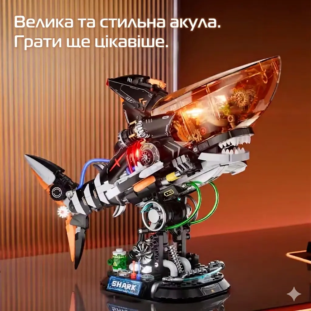 Конструктор акула Shark стимпанк з підсвіткою STEM конструктор для дітей і дорослих, 1076 деталей - фото 4