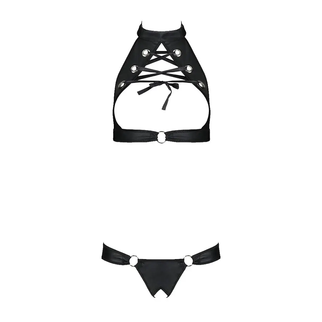 Комплект із екошкіри Passion MALWIA SET with Open Bra 6XL/7XL black, топ та трусики з люверсами - фото 3