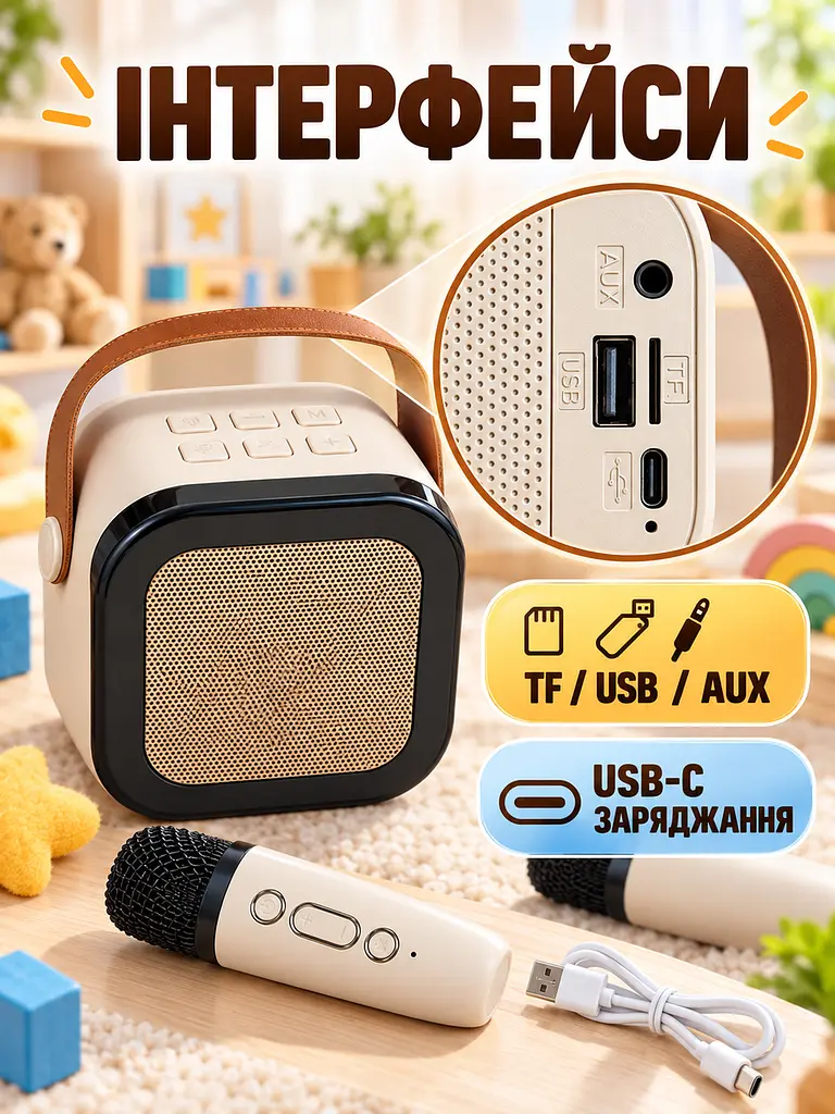 Караоке-колонка Bluetooth с 2 микрофонами, RGB-подсветкой, 10 Вт бежева (49676425) - фото 6