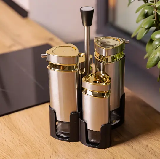 Органайзер набір Condiment Set для спецій на підставці з 4 ємностями для спецій 10х10х17 см Нержавіюча сталь - фото 3