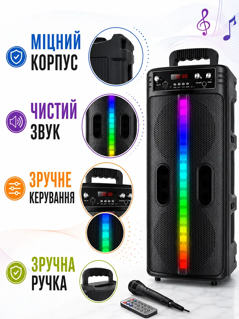 Портативна Bluetooth-колонка чорна 20 Вт з мікрофоном і RGB-підсвічуванням (49676025) - фото 7