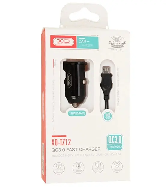 АЗП XO TZ12 18W QC3.0 Car Charger with Micro cable Black - фото 2