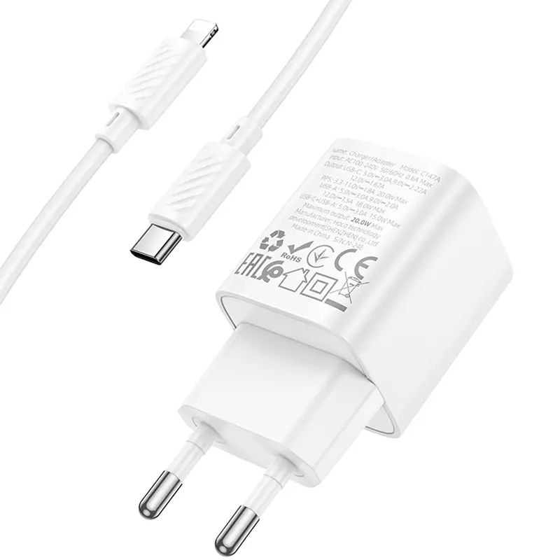 Мережевний зарядний пристрій Hoco C147A PD20W+QC3.0 1USB-A/1C + кабель Type-C to Lightning White - фото 4