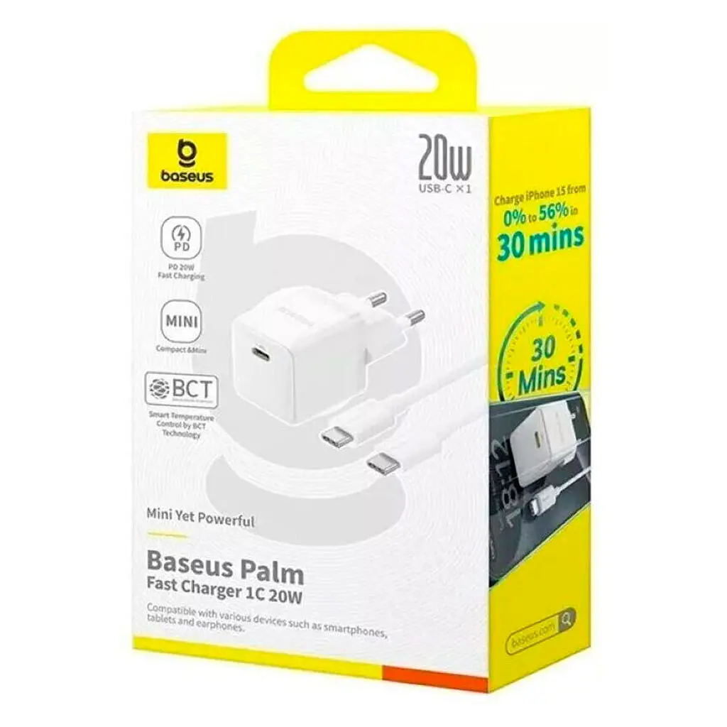 Зарядний пристрій Baseus 1xUSB-C 20 Вт + 1xUSB білий + кабель USB-C — USB-C 60 Вт 1.0 м (P10111608213-01) - фото 7
