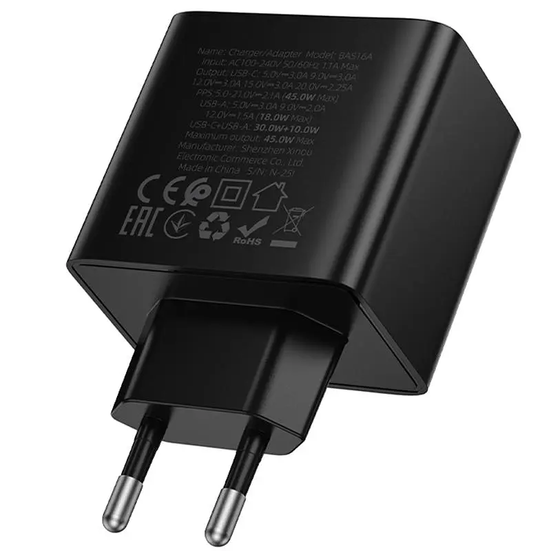СЗУ Borofone BAS16A Erudite PD45W+QC3.0 (1USB-A/1C) Black - фото 6