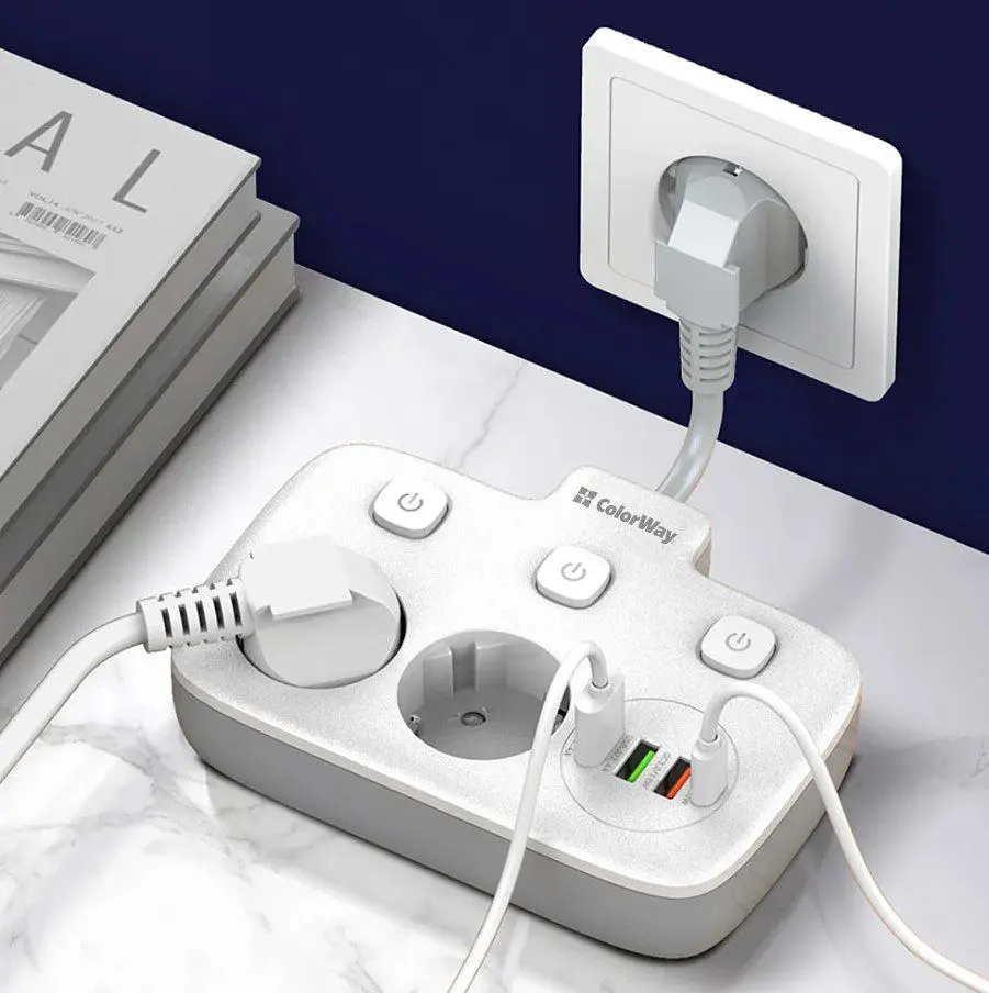 Мережевий фільтр-адаптер ColorWay CHE-24-PDW 20W, 2x220V, 3xUSB-A, 1xUSB-C - фото 8