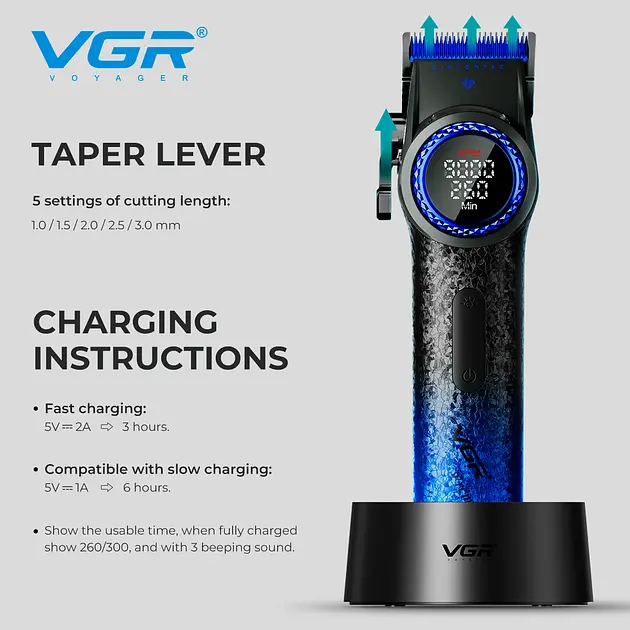 Машинка для стрижки VGR V-001 LED 4600 mAh 10 насадок Blue (2747658218) - фото 4