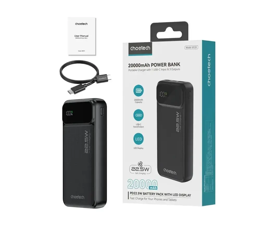 УМБ Choetech Power bank B729 20000 mAh 22.5 W Black (B729-BK) - фото 3