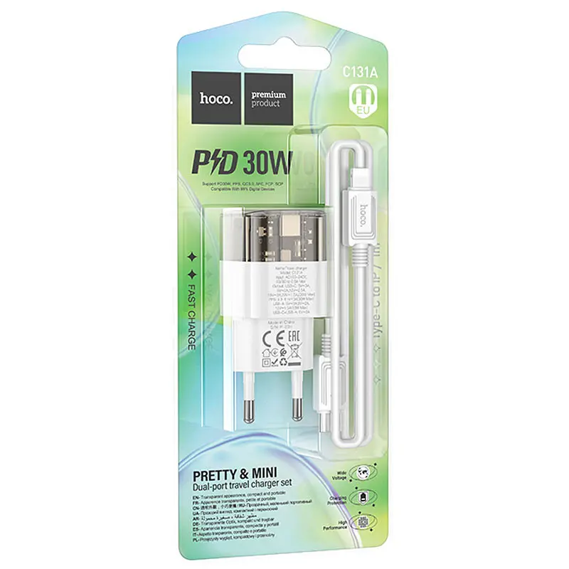 МЗП Hoco C131A Platium PD30W+QC3.0 (1USB-A/1C) + кабель Type-C to Lightning Transparent black - фото 3