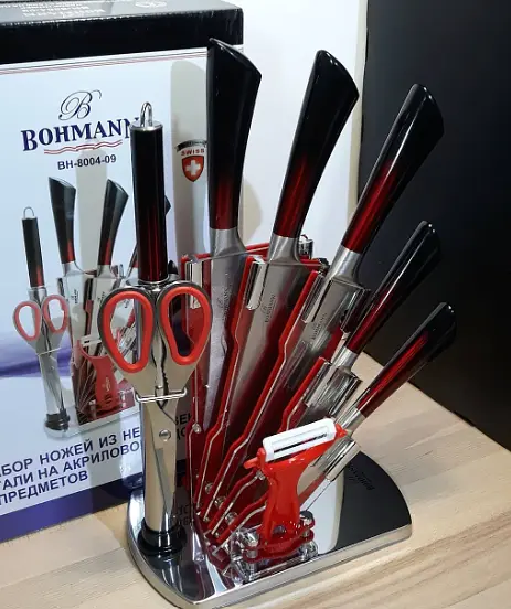 Набор ножей для кухни с подставкой Bohmann BH 8004-09 кухонные ножи и подставки красный - фото 4