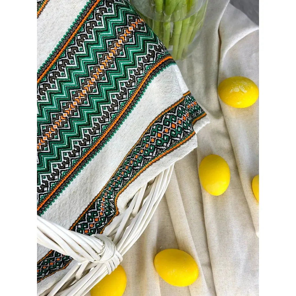 Пасхальная корзина Буковина (большая) с льняным полотенцем 70х30 см Рандеву (зеленый) и свеча - фото 2