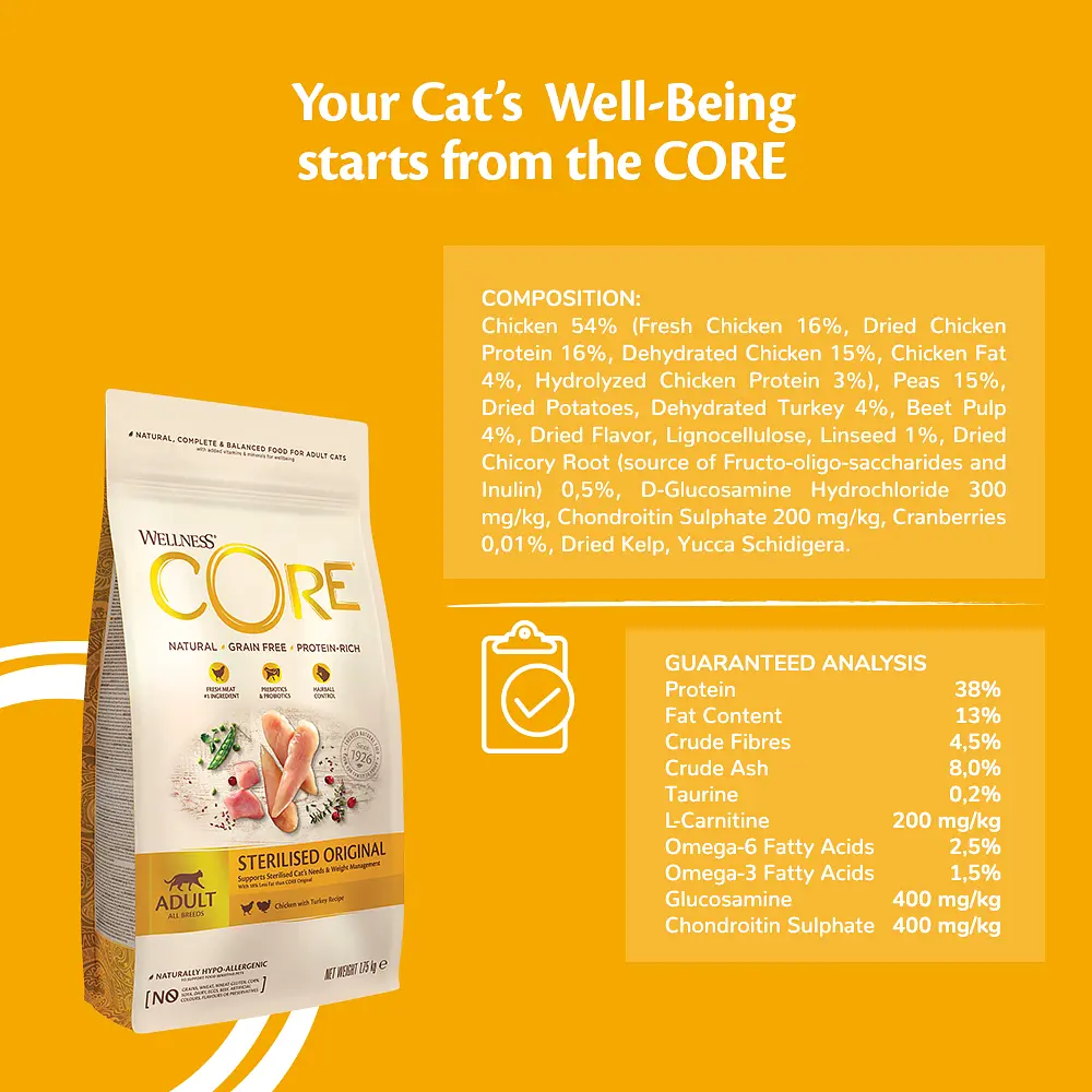 Сухий корм для стерилізованих котів Wellness CORE Sterilised Original з куркою та індичкою, 4 кг - фото 4
