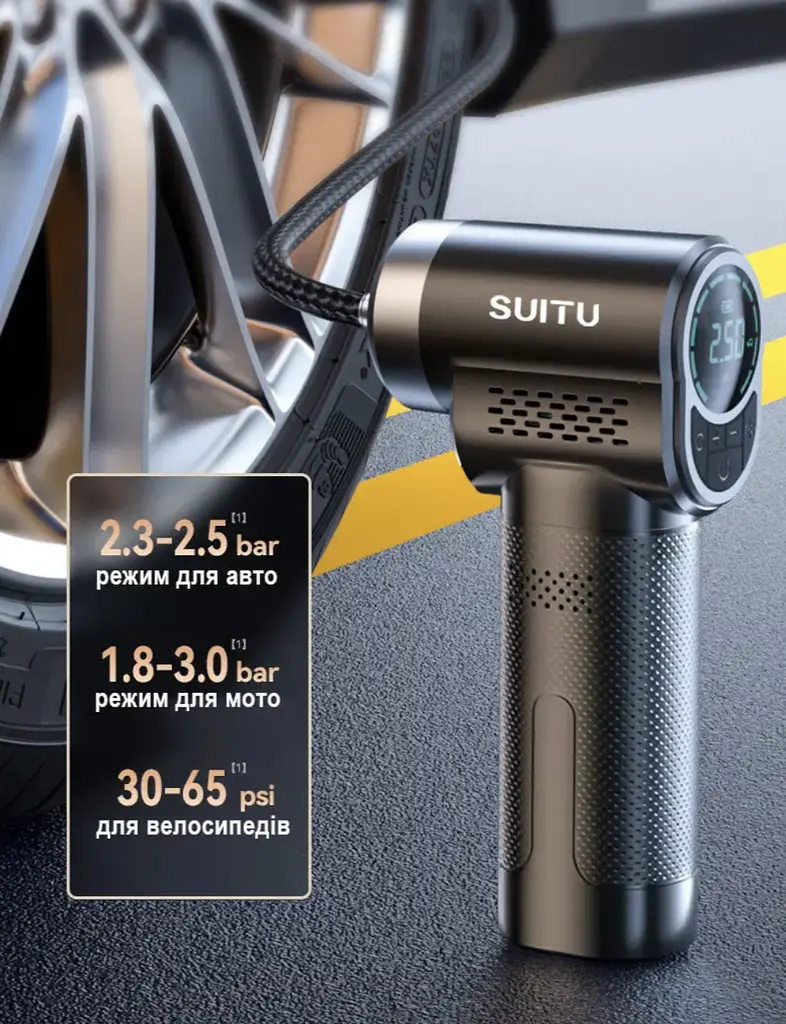 Потужний акумуляторний автомобільний компресор SUITU ST-5518 Black (Портативний бездротовий насос) - фото 7