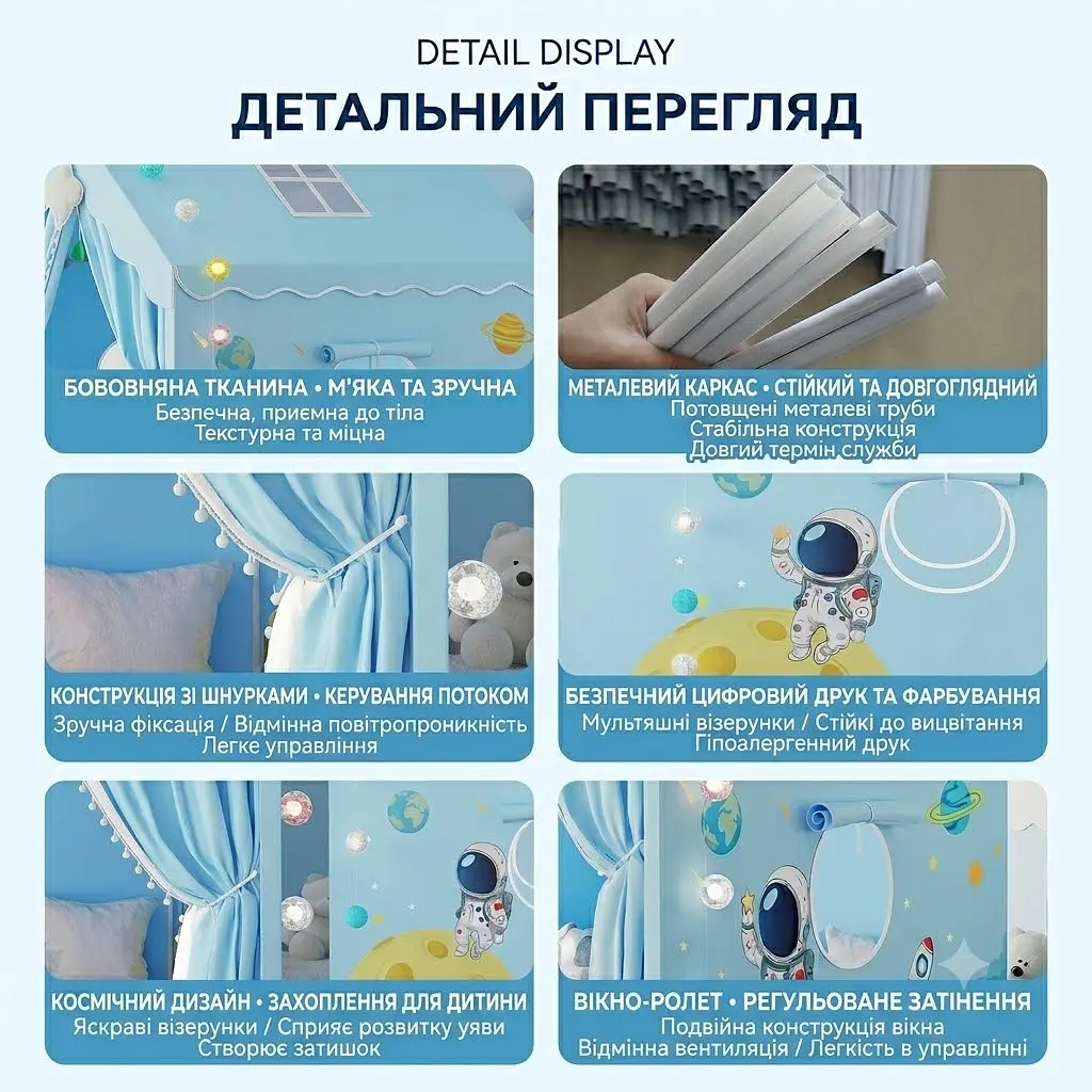 Дитячий будиночок-намет Космос з металевим каркасом бархат бавовна блакитний - фото 7