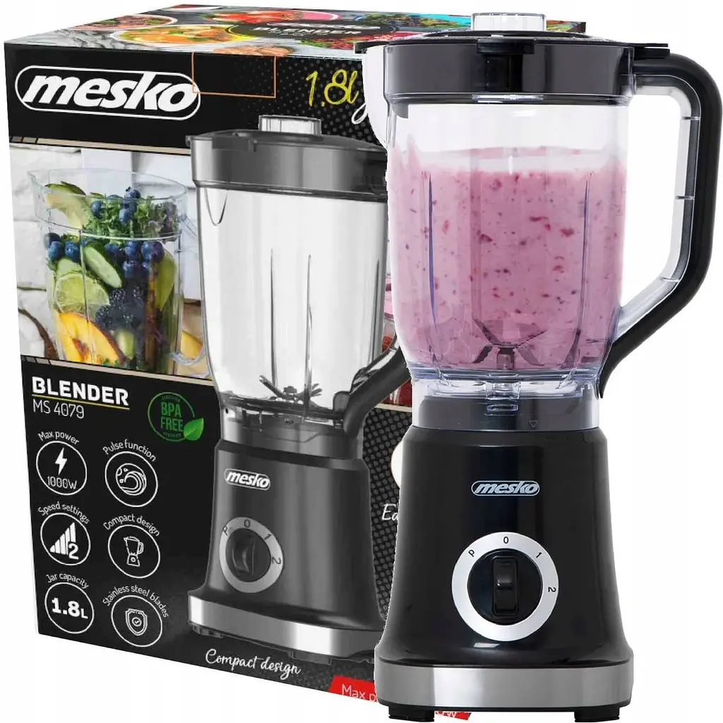 Блендер стационарный Mesko MS 4079 1000 Вт 2 скорости 1.8 л черный - фото 2