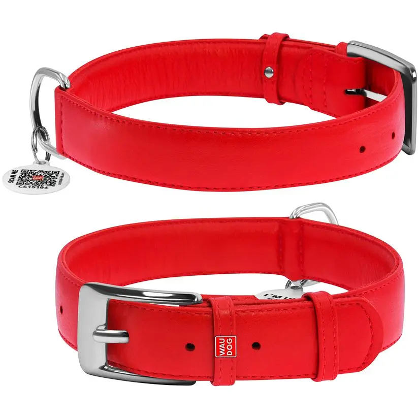 Ошейник для собак Waudog Glamour, кожаный, с QR паспортом, 46-60х3,5 см, красный - фото 3