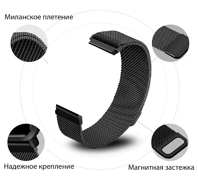 Ремінець BeWatch Samsung Galaxy Watch 3 41мм/Active/Active 2 міланська петля 20 мм Браслет Чорний (1010201) - фото 4