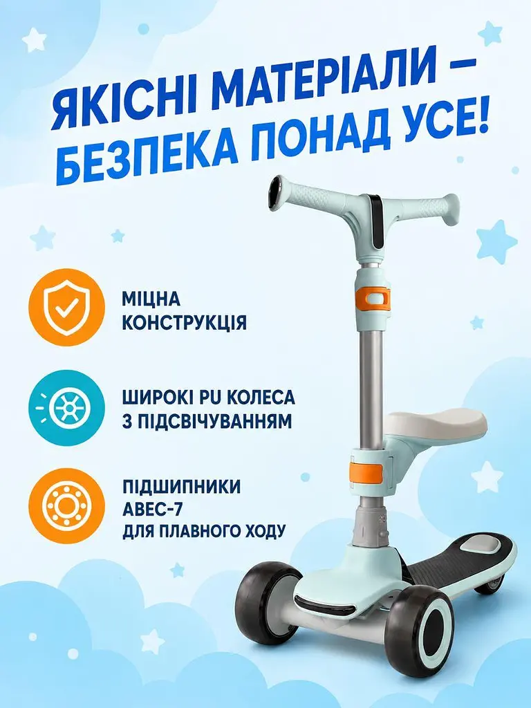 Дитячий самокат-біговел 2в1 блакитний із сидінням музикою та підсвічуванням коліс (49675960) - фото 6
