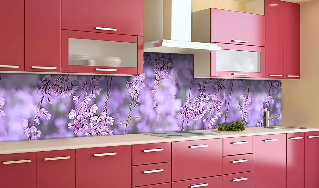 Вініловий кухонний фартух Квітучі гілки дерева наклейка для кухні ПВХ Квіти Фіолетовий Happy Pocket Z181847 - фото 2