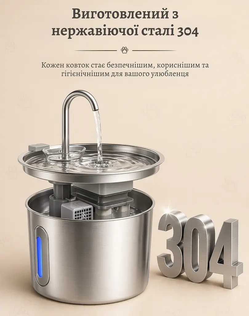 Фонтан для котів Steel Fountain Y09 2,2 л з нержавіючої сталі з підсвіткою - фото 2