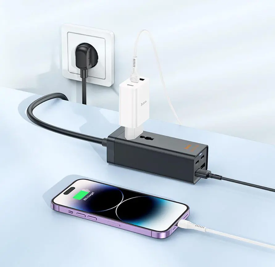 Мережевий фільтр подовжувач HOCO AC-10A 1x220V+2xUSB+ 2хType-C 65W, 1.5 м, 220 В, Black - фото 4