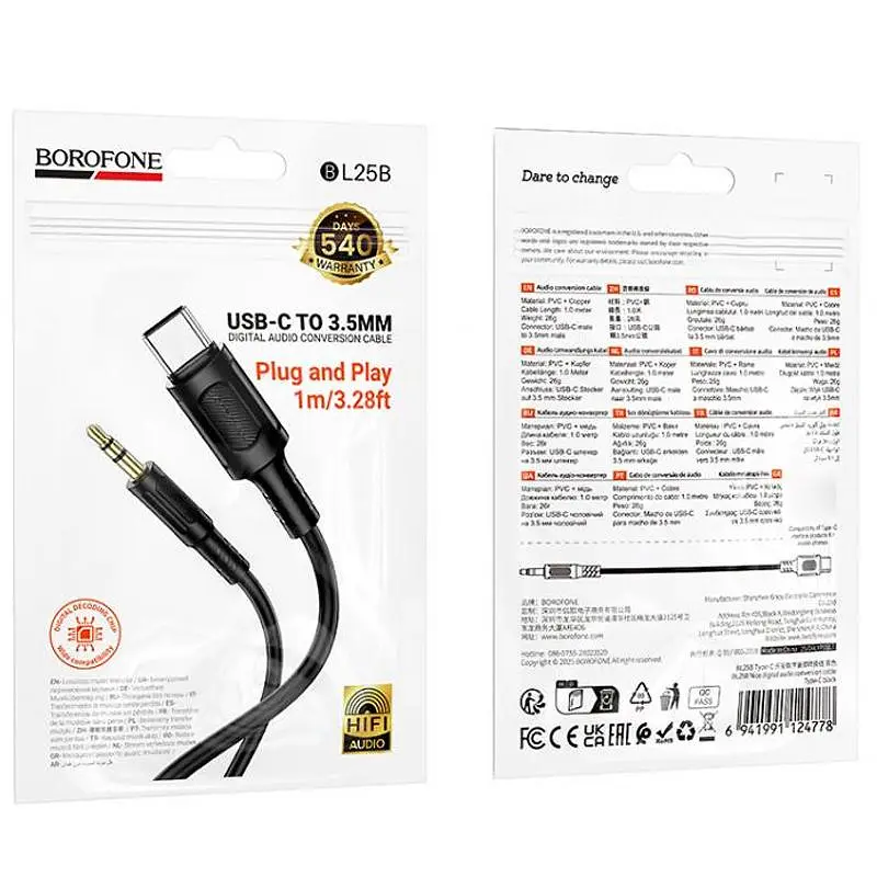 Аудіо кабель Aux Borofone BL25B Nice (Type-C to AUX 3.5mm) (1m) Black - фото 4