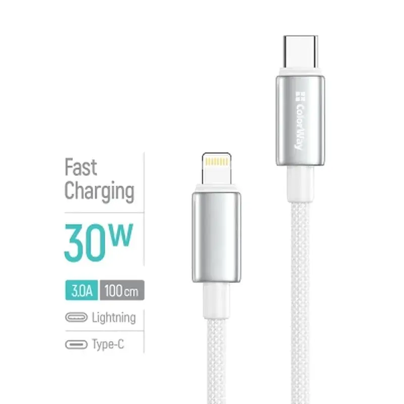 Дата кабель USB-C to Lightning 1.0m PD30W zinc alloy braided white ColorWay (CW-CBPDCL098-WT) - фото 4