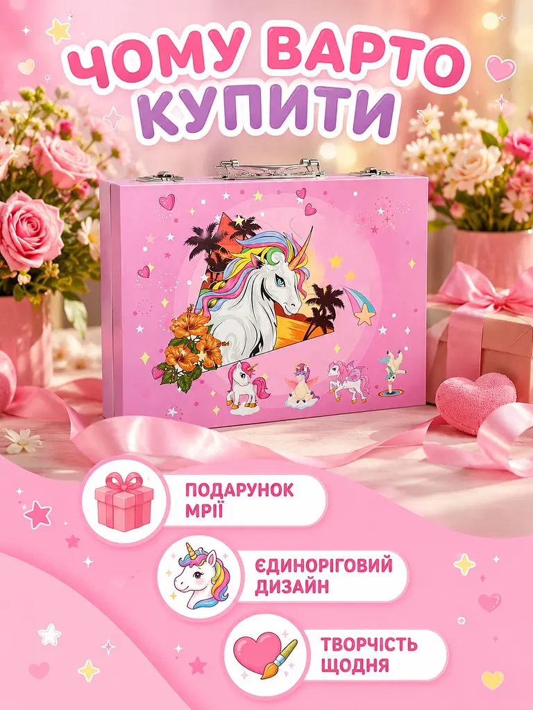 Дитячий набір для творчості Єдиноріг 85 предметів у рожевій валізі (49676066) - фото 8