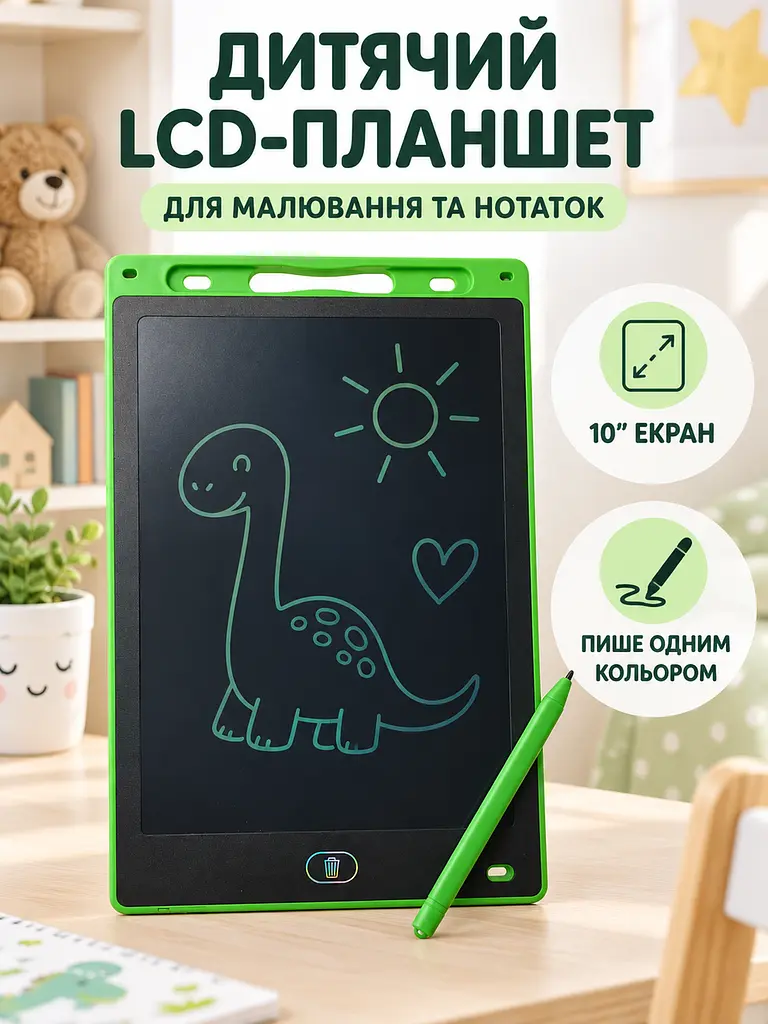 Дитячий графічний LCD планшет дошка для малювання та записів 10" + стилус зелений (50300102235) - фото 2
