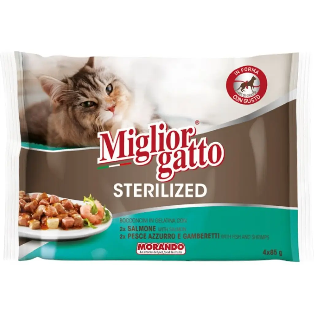 Набір вологих кормів для стерилізованих котів Migliorgatto Sterilized лосось 2 шт. + риба та креветки 2 шт. 340 г (4 шт. x 85 г) - фото 1