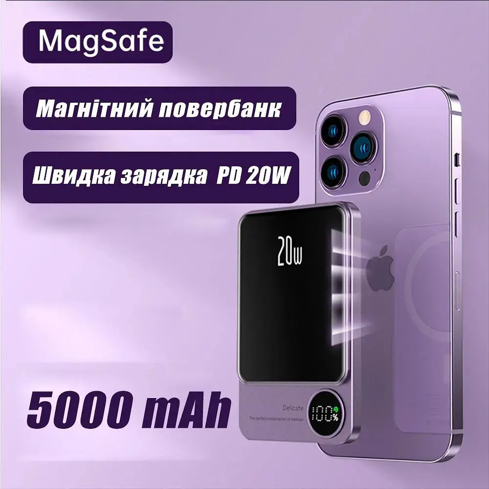 Повербанк MagSafe Power Bank Q9 беспроводной с беспроводной зарядкой для iPhone 5000 mAh 20W Purple - фото 3
