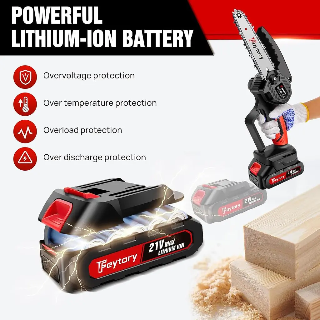 Бездротова бензопила Huini Mini Cordless 6 дюймів з великою літій-іонною батареєю, потужна електрична бензопила з 2 ланцюгами - фото 2