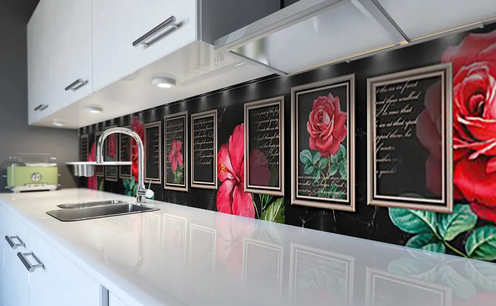 Вініловий кухонний фартух Троянди в Рамках наклейка для кухні ПВХ квіти Абстракція Чорний Happy Pocket Z181626 - фото 6