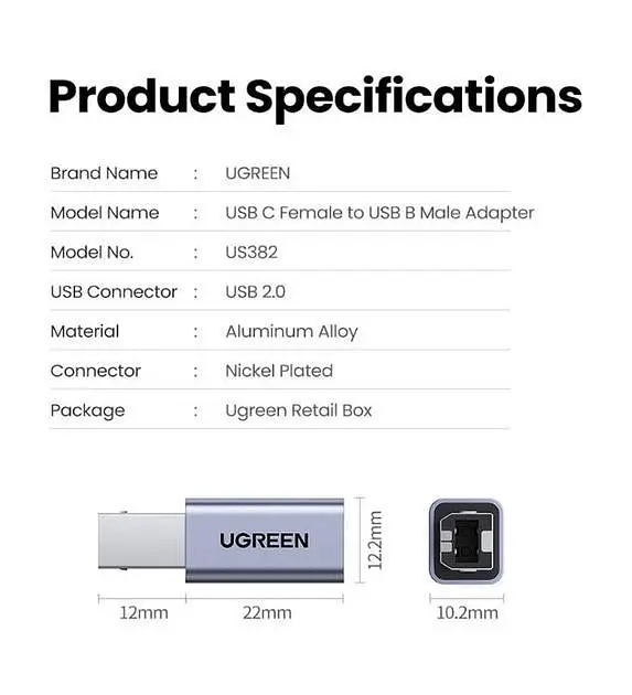 Переходник UGREEN US382 USB C на USB B Printer Adapter для принтера, жесткого диска, док станции, факса Grey - фото 8