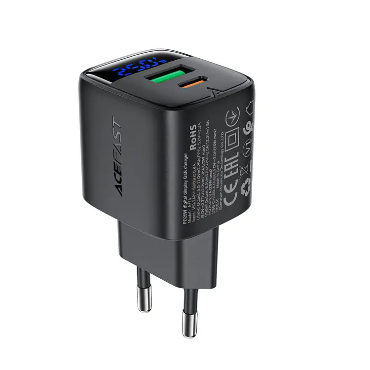 Мережевий зарядний пристрій ACEFAST A114 PD25W GaN charger (USB-A+USB-C) with digital display Чорний