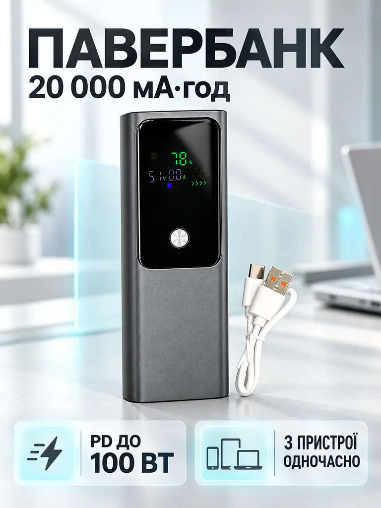 Зовнішній акумулятор 20000 мА·год PD 100W для ноутбука та смартфона темно-сірий (37261134) - фото 2