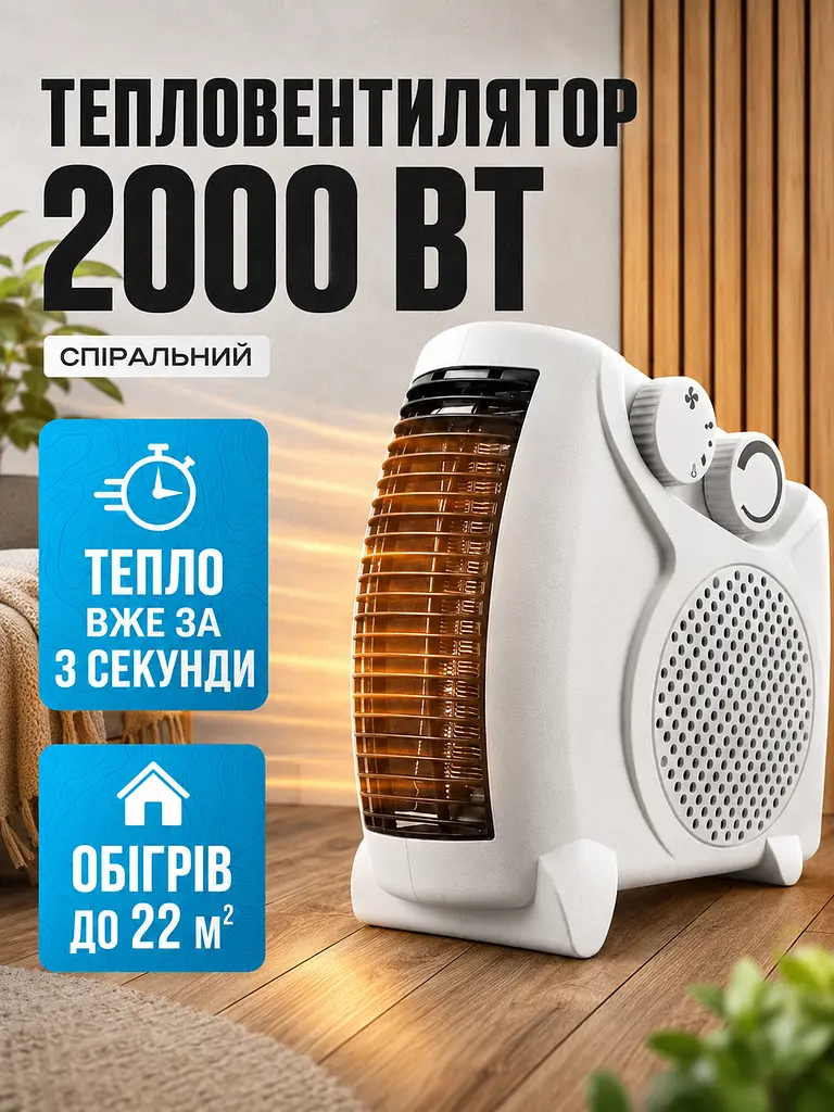 Тепловентилятор обігрівач електричний (дуйка) 2000 Вт з регульованим термостатом і захистом від перегріву, 2 режими Білий - фото 2