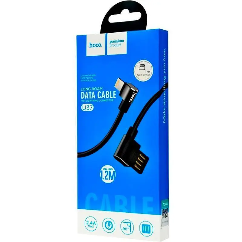 USB Cable Hoco U37 Long Roam Lightning (L Shape) Black 1.2m - фото 2