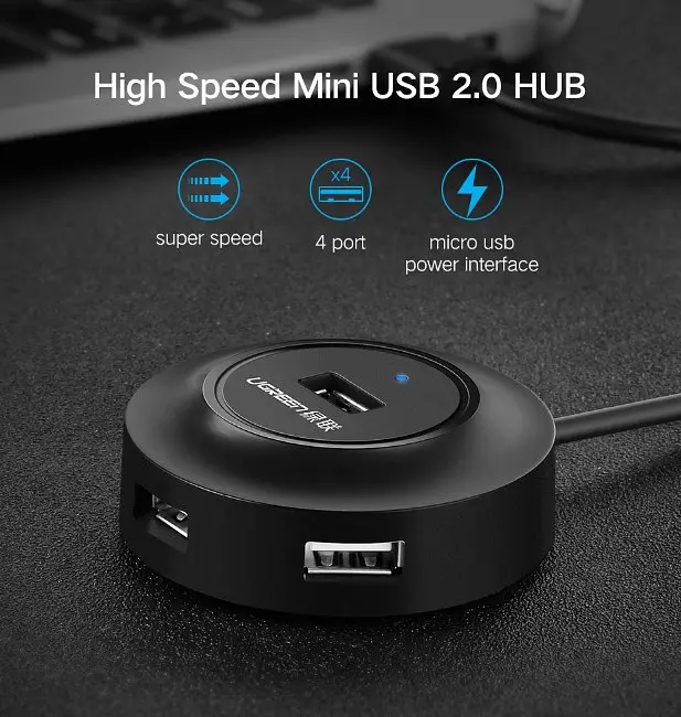 Usb-хаб (концентратор / разветвитель) Ugreen CR106 Usb 2.0 Hub 4 порта 1m черный (20277) - фото 2