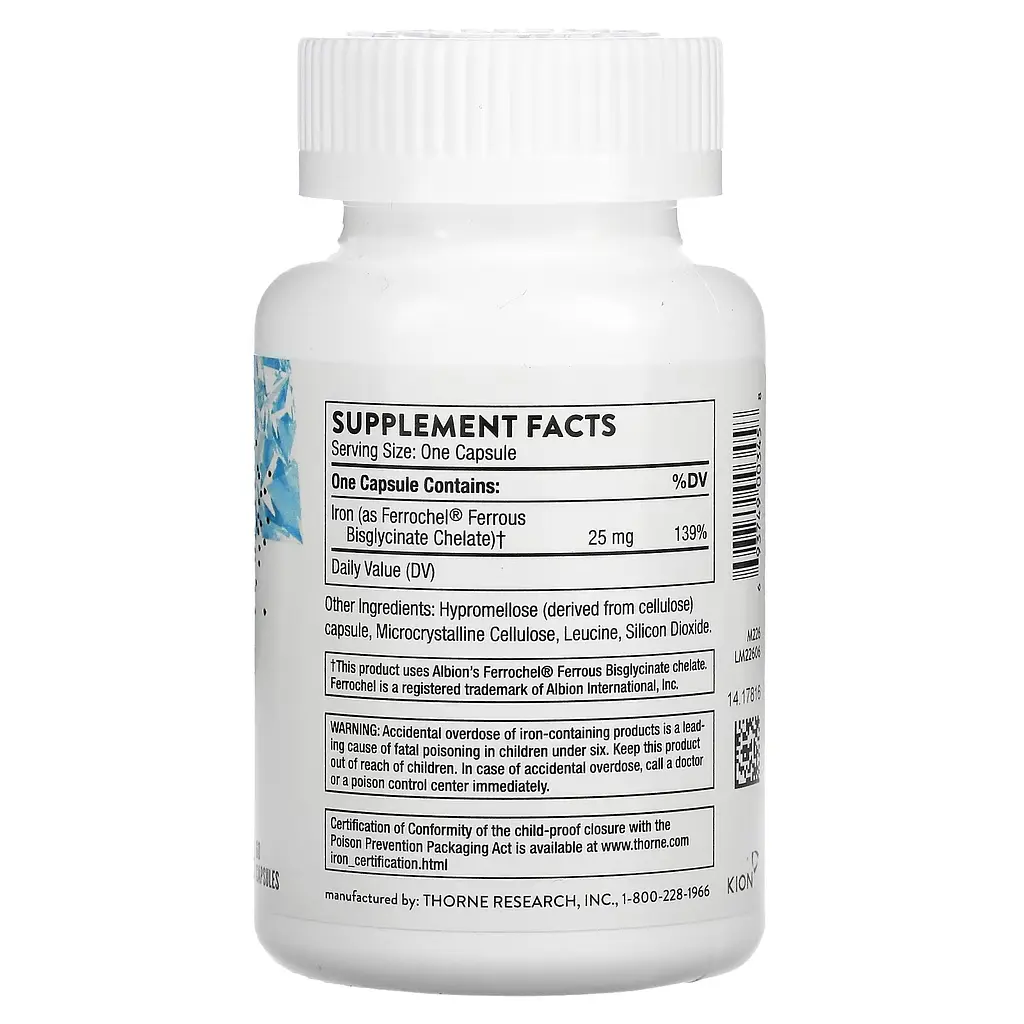 Бісгліцинат заліза Thorne Research Iron Bisglycinate 25 мг 60 капсул - фото 5